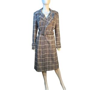 White House Black Market Womens Plaid Belted Wool Blend Trench Coat Size M EUC